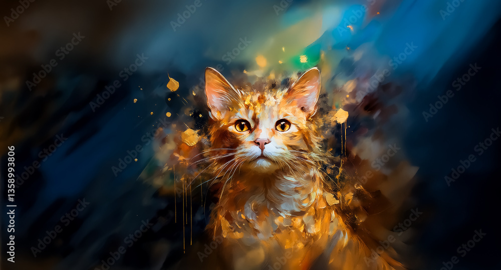 Aufkleber Vibrant digital artwork of a ginger cat with an inquisitive stare, set against a dynamic backdrop of deep blues and warm oranges, creating an artistic ambiance.
