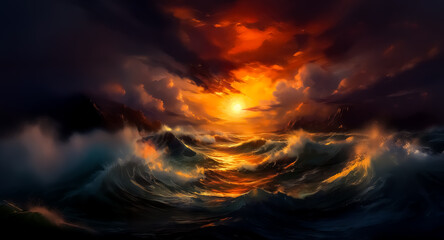 Dramatic ocean scene with turbulent waves under a fiery sky at sunset. Intense light and dramatic clouds create a powerful and dynamic seascape with strong contrasts.