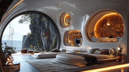 Fototapeta premium Modern cave-like bedroom with ocean view.