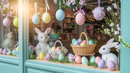 Charming Easter Window Display with Colorful Eggs and Rabbits
