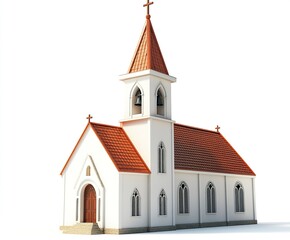 Fototapeta premium A picturesque 3D church building with a red roof, tall bell tower, and cross at the peak, isolated on a crisp white background 