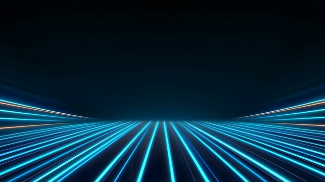 The image contains a dark background with numerous bright blue parallel lines converging towards a vanishing point, creating an illusion of depth and speed.  A few fainter orange lines are also visib