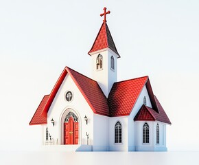 A picturesque 3D church building with a red roof, tall bell tower, and cross at the peak, isolated on a crisp white background. 