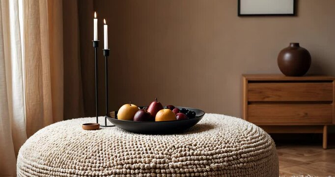 Cozy nook showcasing a boucle ottoman, stylish candle holder, and minimalist decor. The warm hues and uncomplicated yet refined design create an ideal environment for relaxation.