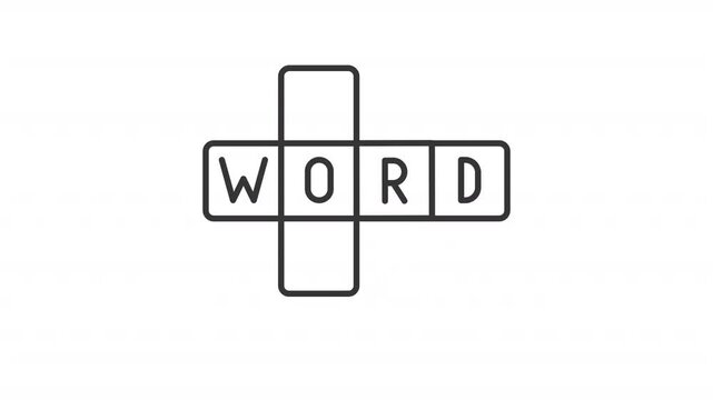 Animated scrabble icon. Arranging word in crossword line line animation. Learning while playing game. Black illustration on white background. HD video with alpha channel. Motion graphic