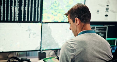 Screen, weather and man with tablet for broadcast data with news, research or reporter. Presenter, ecology and back of journalist for forecast on media report for meteorology update or climate change