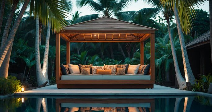 A lavish outdoor daybed adorned with cushions beneath tropical palm trees. An idyllic getaway in a private resort villa, ideal for relaxation and serenity.