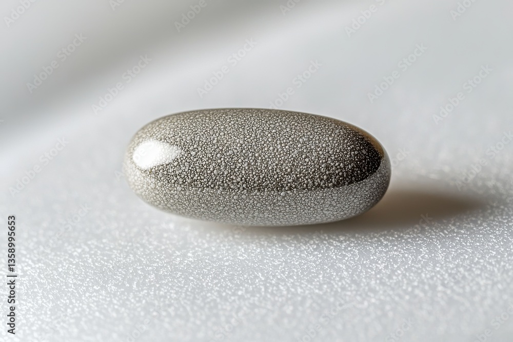 Poster close-up on a singular, textured gray capsule, showcasing a unique speckled pattern on a white surfa