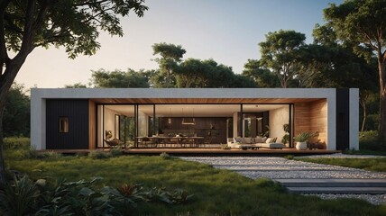 Fototapeta premium Modern architectural home surrounded by lush greenery, showcasing a seamless blend of indoor and outdoor living spaces.