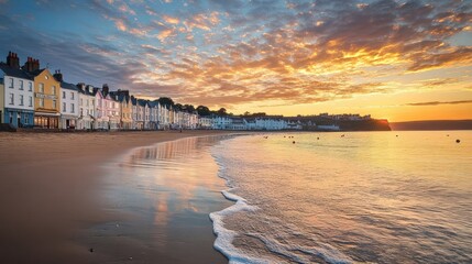 Naklejka premium Beautiful sunset over a calm beach with colorful buildings reflecting on the water surface.