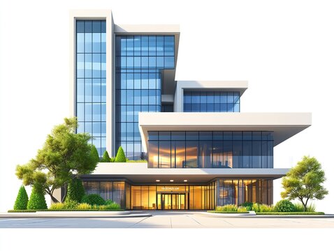 A polished clipart of a luxury hotel building, featuring a bold modern design, elegant landscaping, and a glowing main lobby visible through the glass front, isolated on white 