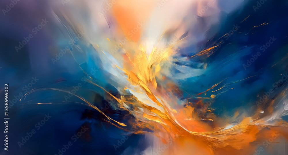 Poster abstract painting: vibrant orange and gold splashes on deep blue. dynamic and expressive artwork wit