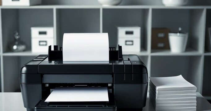 Close-up of a printer copier machine on a desk within the office.