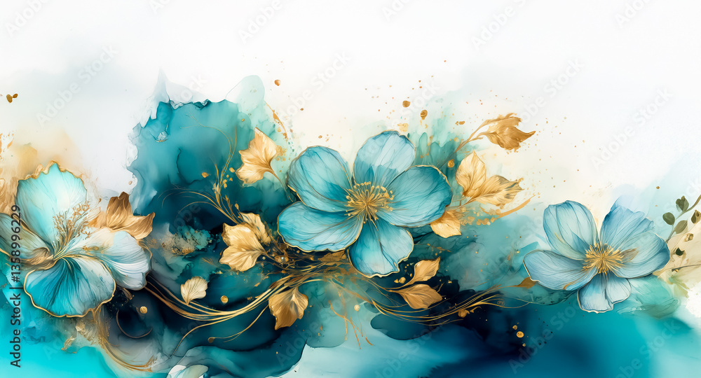 Poster teal flowers with golden accents on a watercolor backdrop. elegant floral design with delicate bloom
