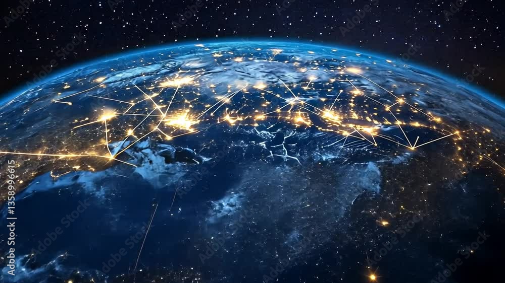 Poster global connections through advanced communication networks at night generative ai