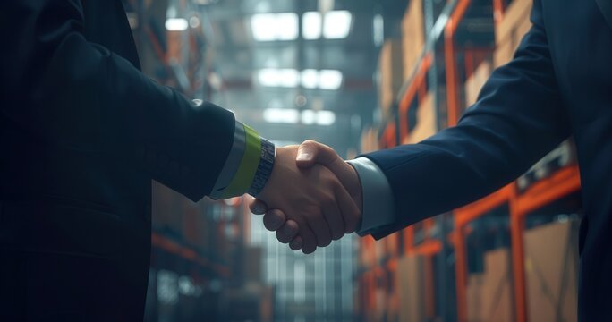 Businessmen shaking hands in a warehouse