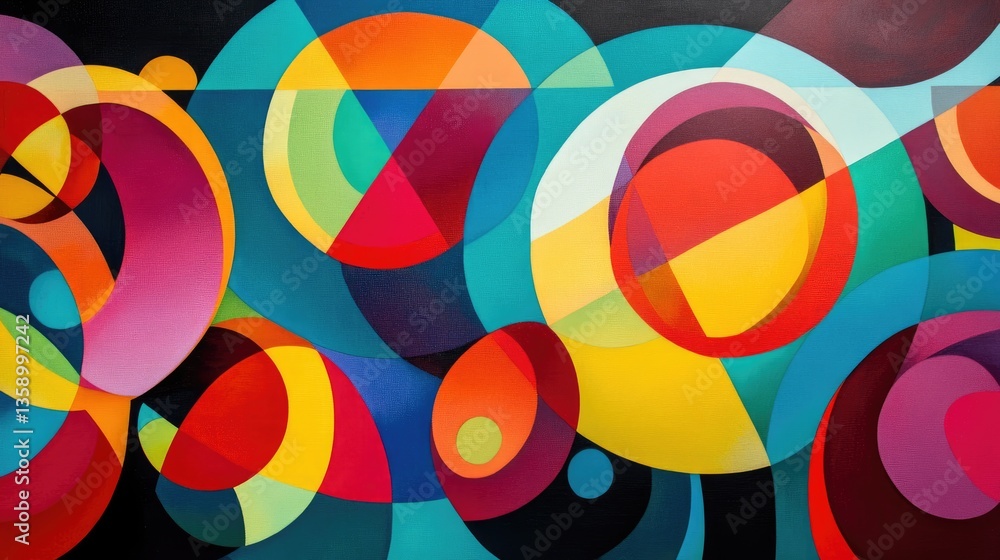 Poster colorful abstract composition with geometric shapes and circles in vibrant hues creating a dynamic v