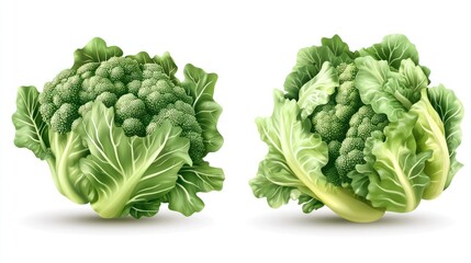Realistic illustration of two heads of broccoli. Possible use for food packaging, healthy eating guides, or cooking websites