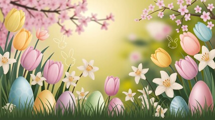 Pastel Easter Flowers and Eggs in a Spring Meadow