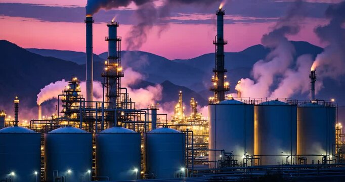 Crude oil refinery facility with pipeline, chimney, and cooling tower, chemical or industrial concept.