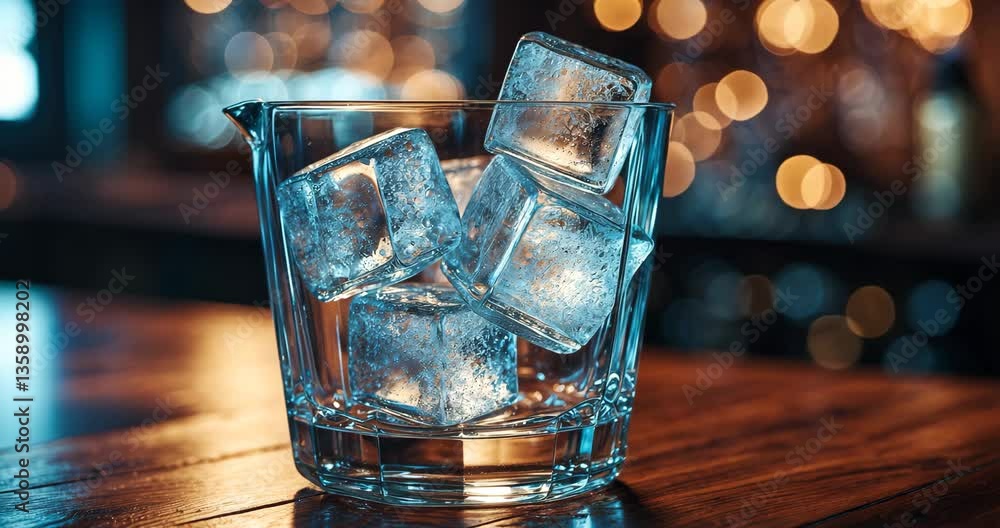 Aufkleber close-up view of ice cubes in a clear glass on a wooden table with a bokeh backdrop.