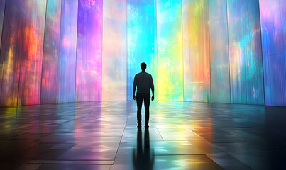 Fototapeta premium A silhouette of a person standing in a vibrant, colorful abstract space with reflective surfaces