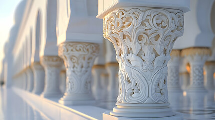 Fototapeta premium Intricate architectural columns with detailed floral designs in soft lighting.