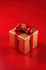 Obraz premium A close-up shot of a shiny gift box with a bright red ribbon against a vibrant red background, decoration, box