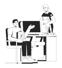 Asian young man filing police report with officer 2D line characters. Blonde policewoman with case files, korean guy with backpack isolated vector ink outline people. Monochromatic spot illustration