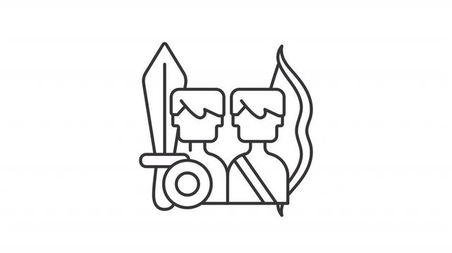 Animated battle arena characters icon. Videogame personages with sword and bow line animation. RPG multiplayer. Black illustration on white background. HD video with alpha channel. Motion graphic