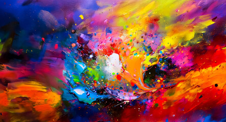 Explosion of colors in an abstract artwork, creating a vibrant and energetic scene with dynamic brushstrokes and a splash of hues.