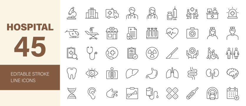 Hospital icon set. Medical related line icons: medicine, healthcare, doctor, ambulance, treatment, nurse, pills, clinic, pharmacy and more. Editable stroke. Vector illustration.