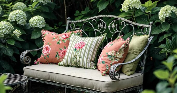 Cozy lounge chair in the garden with pillows, encircled by green shrubs.