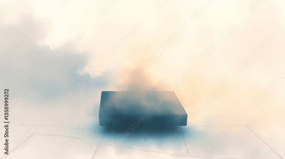 Poster floating dark cube surrounded by mist or cloudscape environment