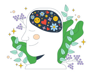 Mental health 2D illustration concept. Peaceful mind with positive thoughts. Mindfulness, positivity. Calm smiling face with flowers cartoon character isolated on white. Flat abstract vector graphic