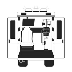 Inside view of ambulance with medical equipment 2D line object. Monitoring screens, IV bags, paramedic seat in hospital vehicle isolated clipart vector ink outline item. Monochrome spot illustration