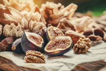 A delectable composition of fresh figs, artistically halved and paired with walnuts, rests elegantly on parchment atop aged wood surface, creating rustic gourmet scene.