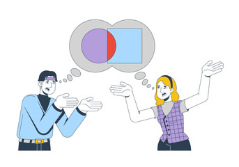 Miscommunication and disagreement 2D illustration concept. Interpersonal communication. Arguing people conflicting thought bubble cartoon characters isolated on white. Flat abstract vector graphic