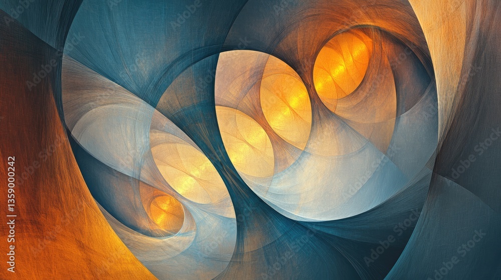 Poster abstract swirling patterns with blue and orange hues and vibrant glowing elements create a mesmerizi