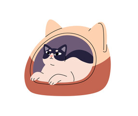 Lazy kitten lying inside comfortable cute cat bed. Tired amusing kitty has a rest, relaxes in adorable pet house. Domestic animal lounges at home. Flat isolated vector illustration on white background