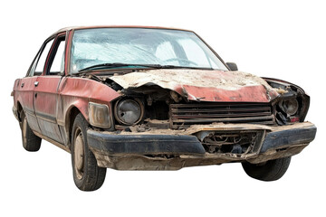 wrecked red car, front view, isolated on white background