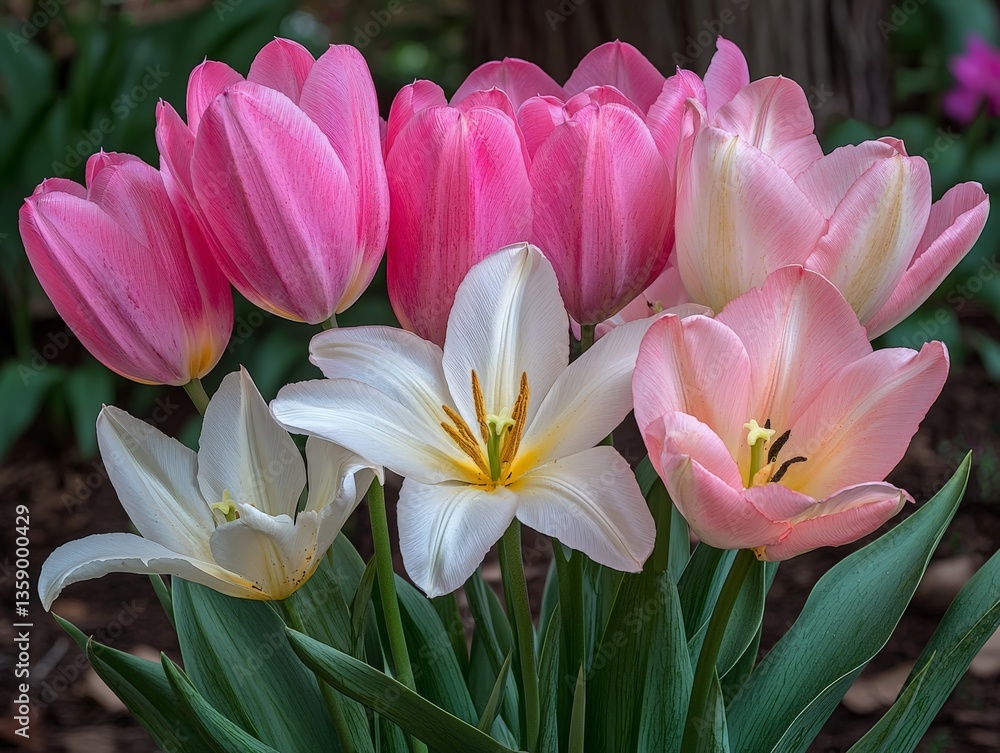 Poster close up macro shot of pink tulip petals with shallow depth of field and natural light displaying ge