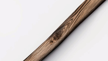 High-angle, close-up view of a diagonal wooden plank against a clean white background. The plank shows visible wood grain, variations in color from light beige to darker brown, and possibly some