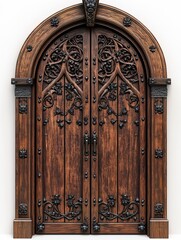 A richly detailed traditional wooden door with arched design, layered carvings, and metallic accents, perfect for heritage-style visuals, on white.  