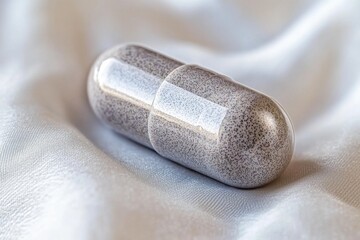Naklejka premium A close-up macro shot of a medicine capsule on a soft white silk background, showing detail of the capsule content, representing health and wellness concept.