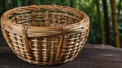 Close-up of a handcrafted wicker basket on a rustic wooden table with a blurred bamboo background.