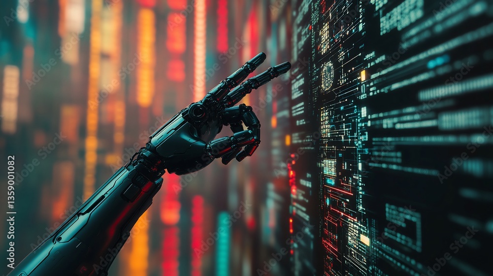 Poster a robotic arm interacts with digital data on a screen against a city backdrop