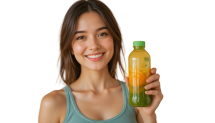Smiling woman holding a bottle of vibrant green and orange detox juice, ready for a fresh and healthy diet. Superfood drinks, wellness routine, plant-based nutrition, organic lifestyle.