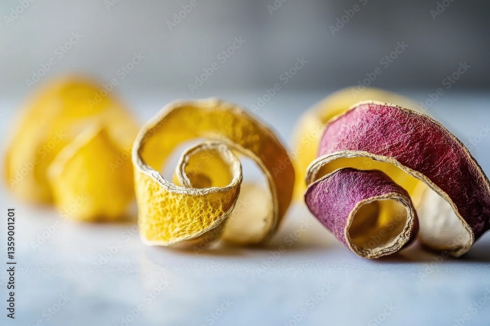 Poster abstract close-up of vibrant yellow and red organic peels on a white surface, creating a spiral shap