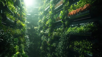 Lush vertical garden in futuristic building.